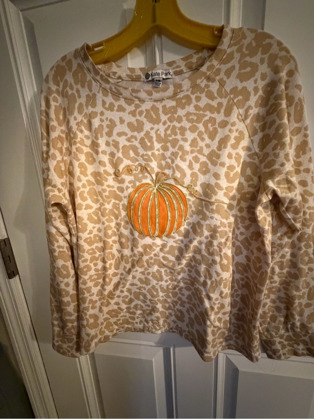 Kate Park Cream Leopard Long Sleeve Top with Orange Pumpkin